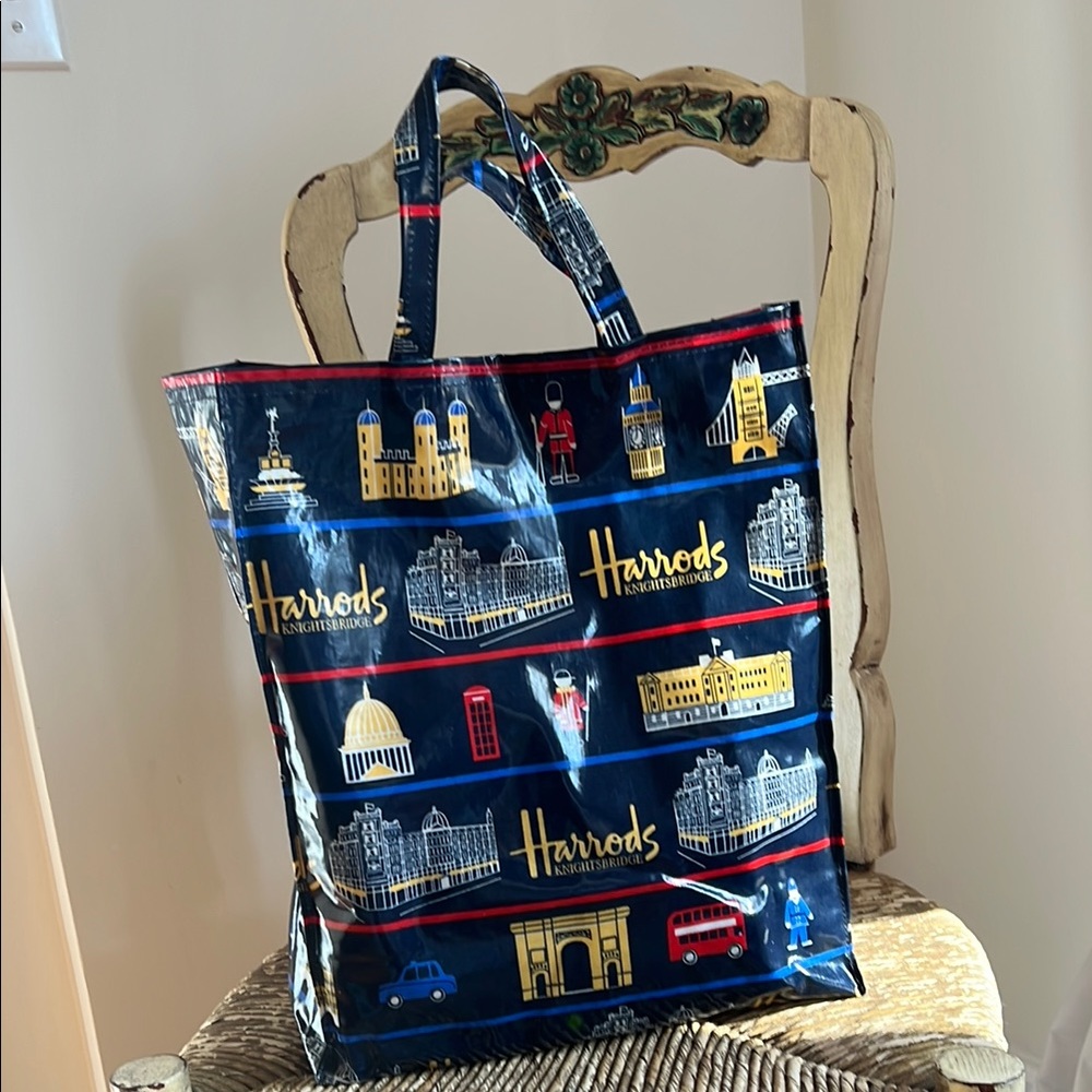 Harrods, Navy Blue Tote Bag With London Landmarks And Black Handles